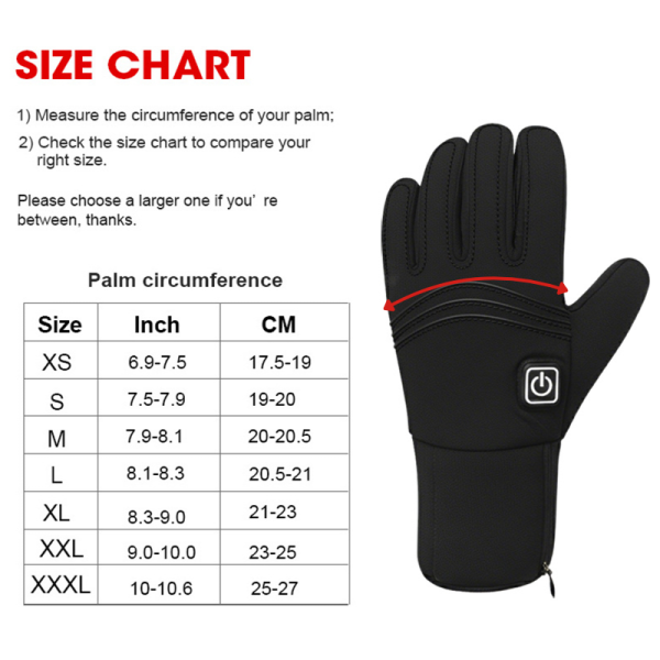 JHG36 Heated Gloves Size Chart - Global Fit XS to XXXL