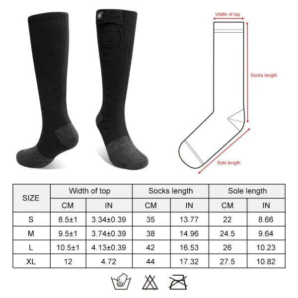 JHS01 Heated Socks Size Chart - S M L XL Measurement Guide