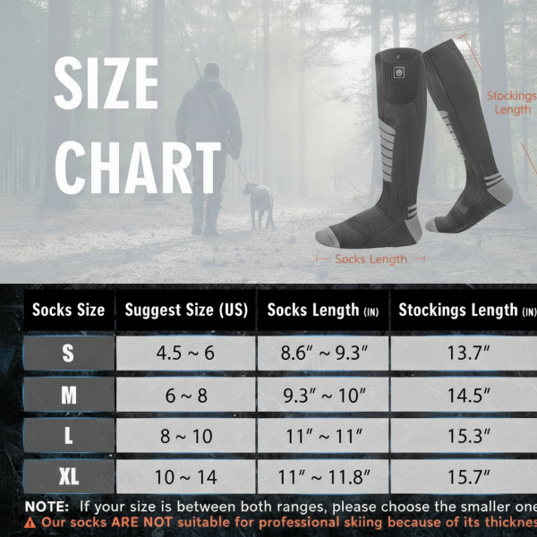 JHS05 Heated Socks Size Chart - S M L XL Measurement and Thickness Warning