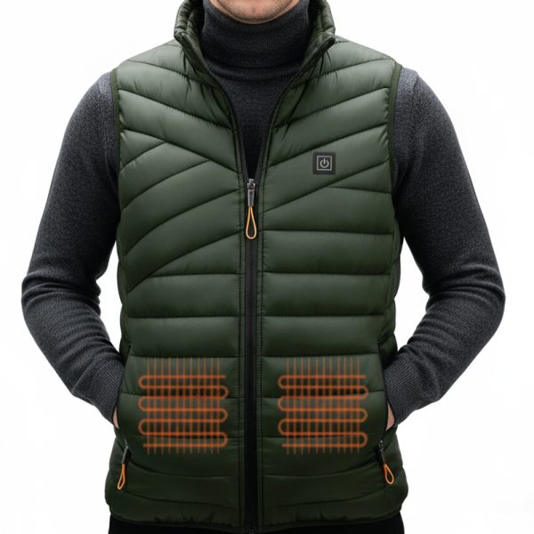 JHV02 Military Green Heated Vest Model View - Stylish V-Shape Padded Design