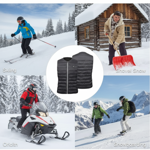 JHV13 Heated Vest Application Scenes - Winter Skiing and Outdoor Work Gear