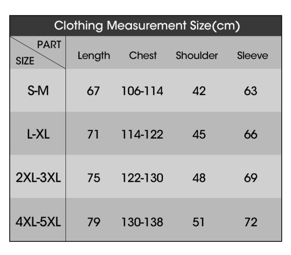 JHV13 Heated Vest Size Chart - S to 5XL Measurement Table