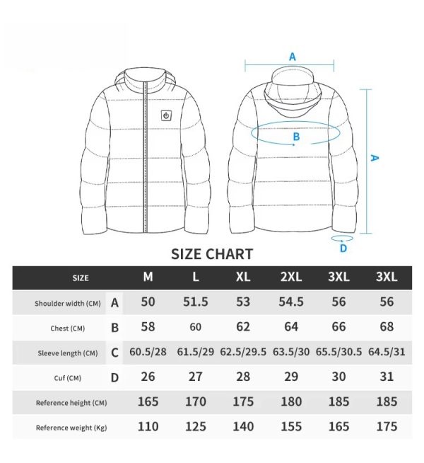 JHV15 Heated Jacket Size Chart - M to 3XL Measurement Table