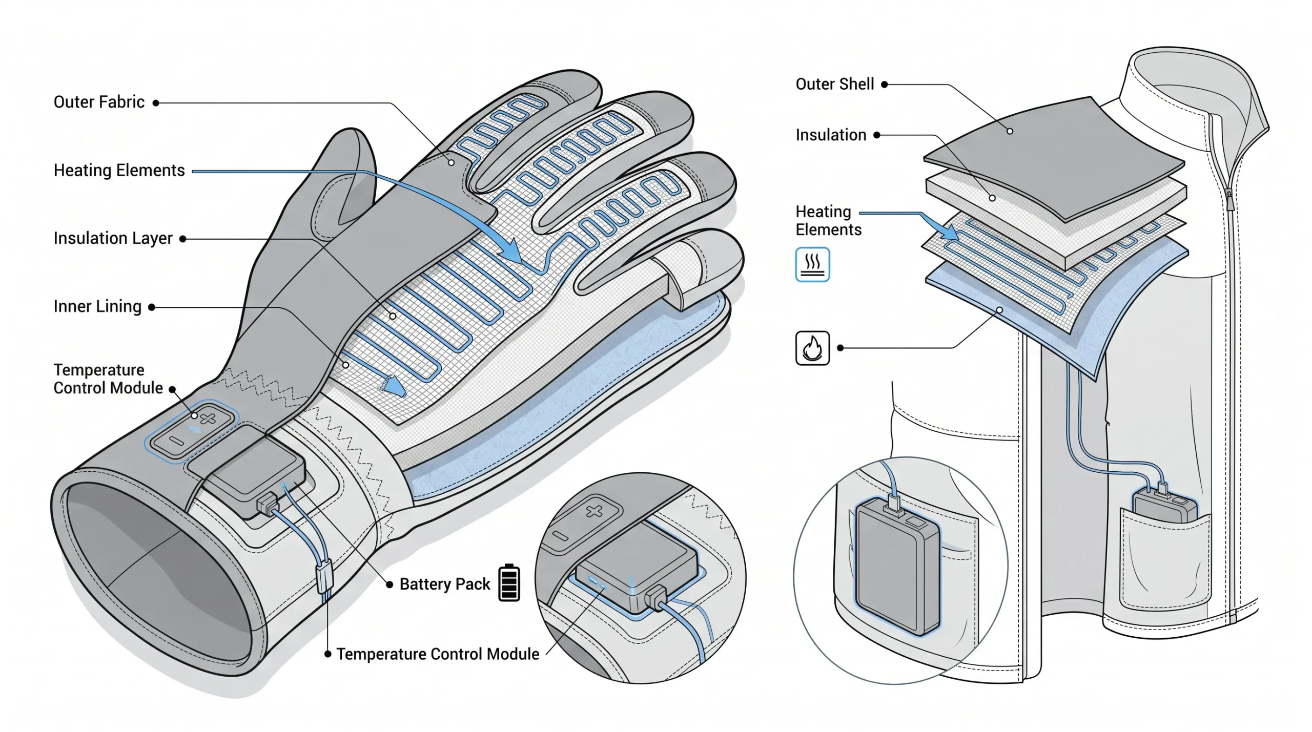 Wearable heating system internal structure showing heating layers, battery pack, and smart temperature control module in heated gloves