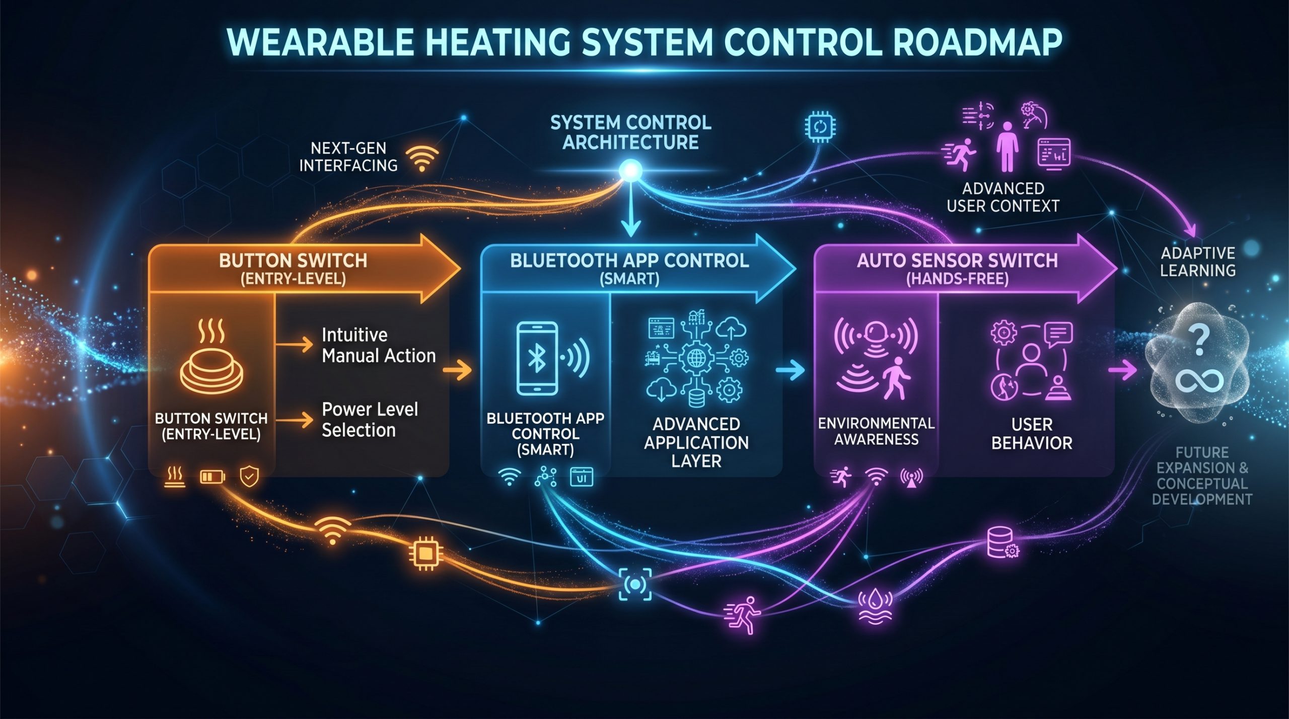 Wearable heating system intelligent control roadmap, manual button, bluetooth app and auto sensor control architecture