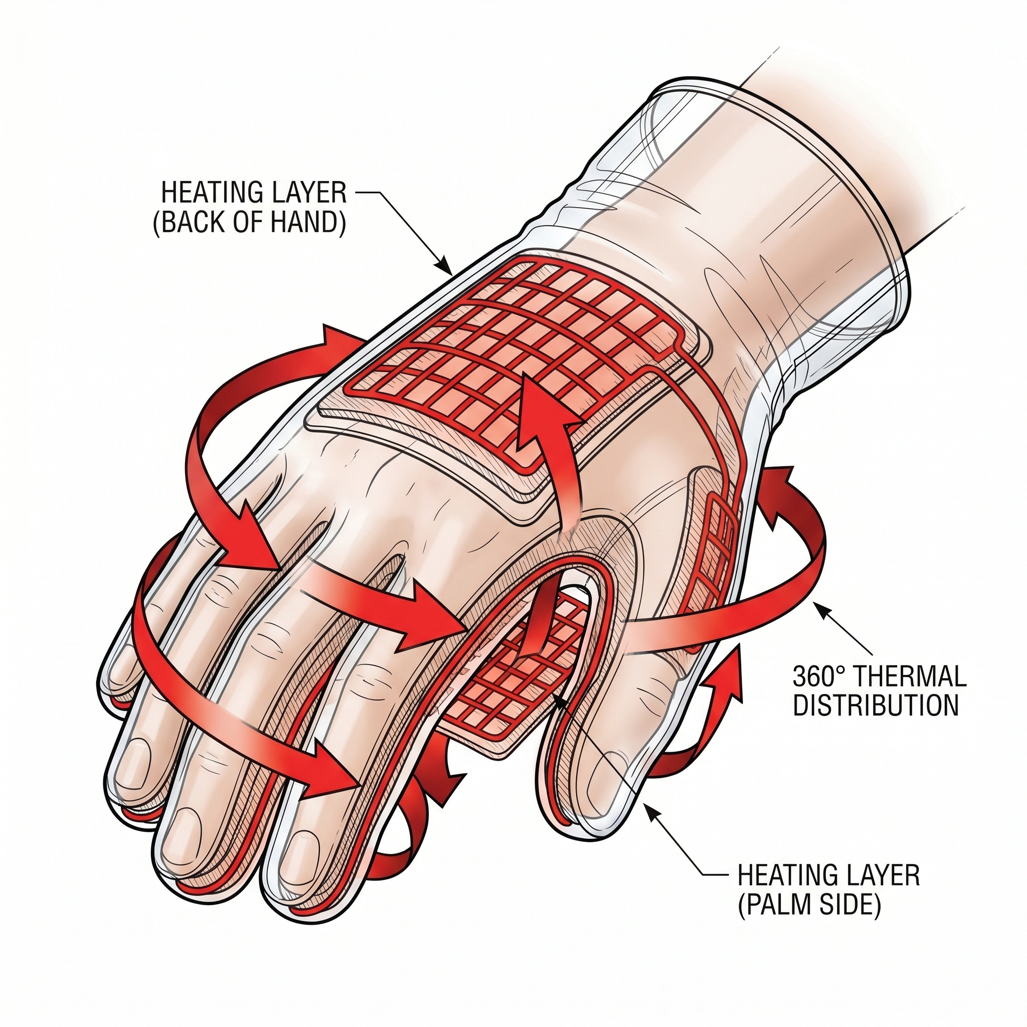 Dual-sided heating system showing 360-degree heat distribution across the back and palm of heated gloves