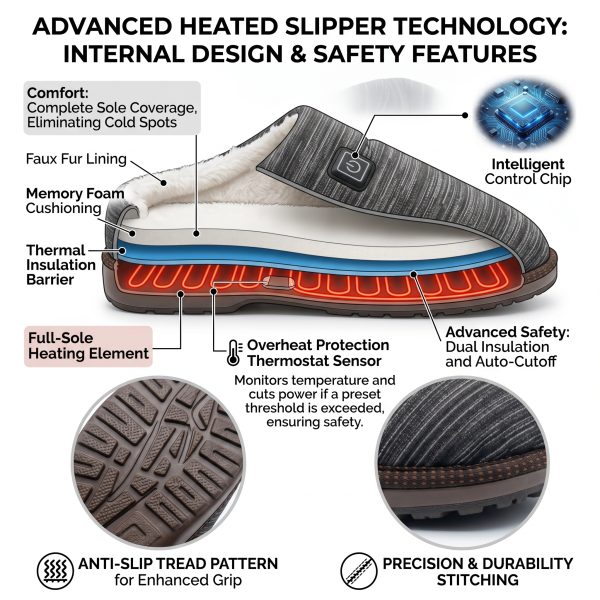 JHB02 heated slipper internal design and heating system infographic