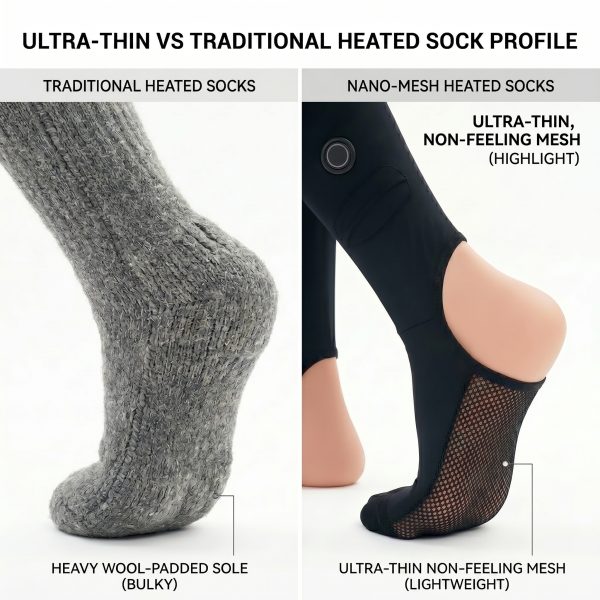 Comparison of J ONE JHS06 ultra-thin heated sock liners vs traditional bulky heated socks for professional use.