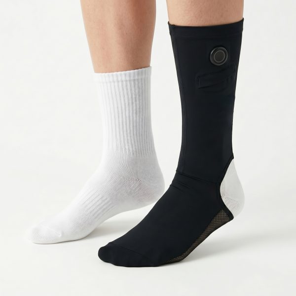J ONE JHS06 "wear-over" heated sock liners shown over standard white cotton socks for hygiene.