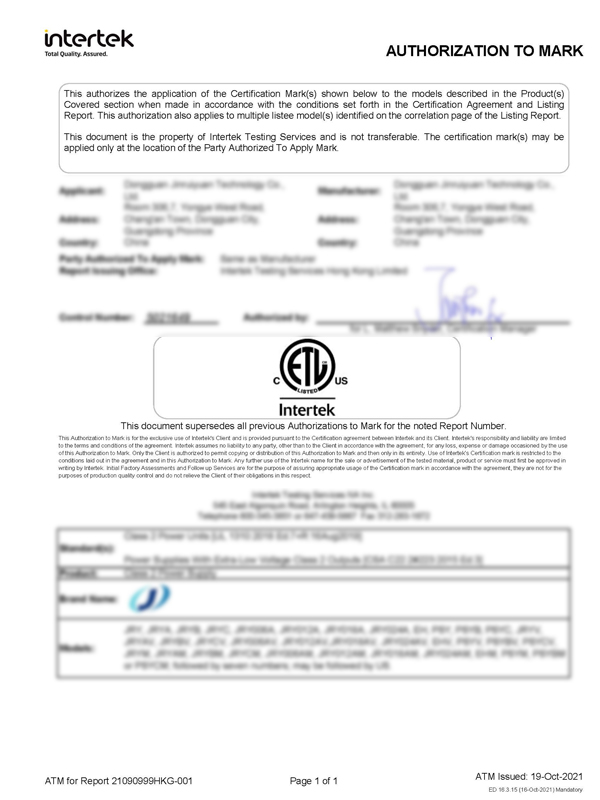 ETL safety certification for J ONE heated wearable electrical system
