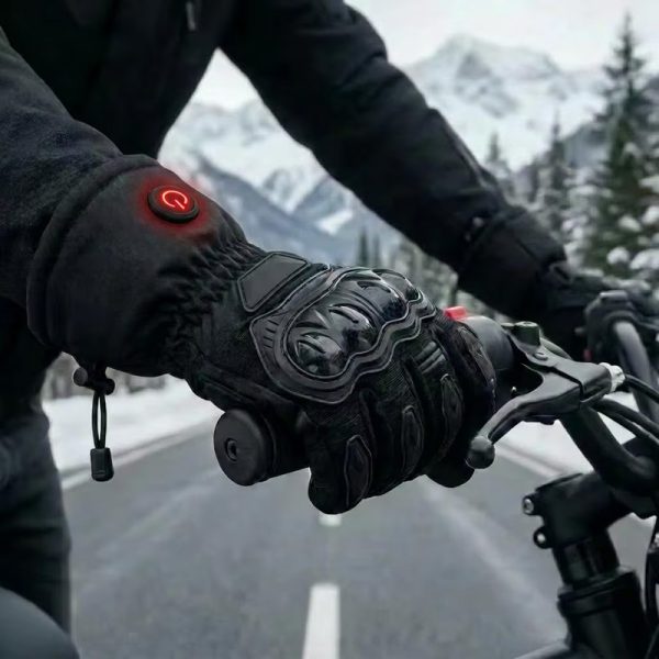 Rider wearing JHG45 heated motorcycle gloves during winter motorcycle riding