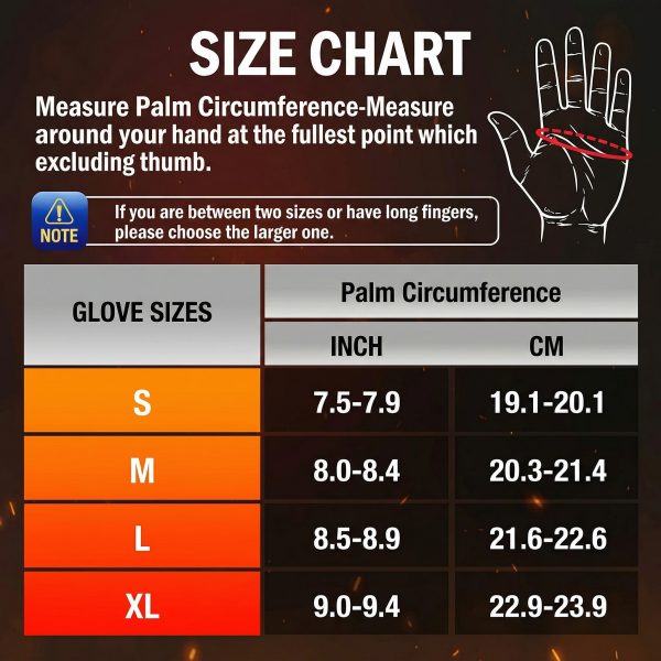 jhg44-dual-sided-heated-gloves-size-chart JHG44 dual-sided heated gloves size chart with palm circumference measurements in inches and centimeters