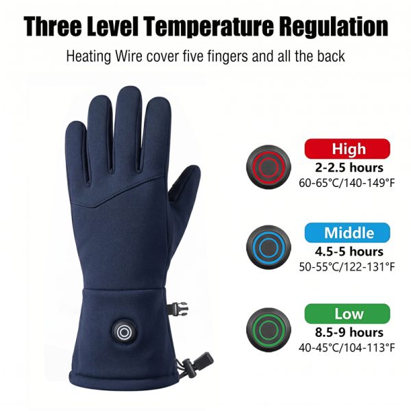 jhg44-dual-sided-heated-gloves-three-temperature-levels JHG44 dual-sided heated gloves three-level temperature regulation settings: High 60-65°C, Middle 50-55°C, Low 40-45°C