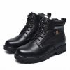 JHB06 heated work boots in black top-grain leather with wool-lined collar, steel toe, and side power button, pair view