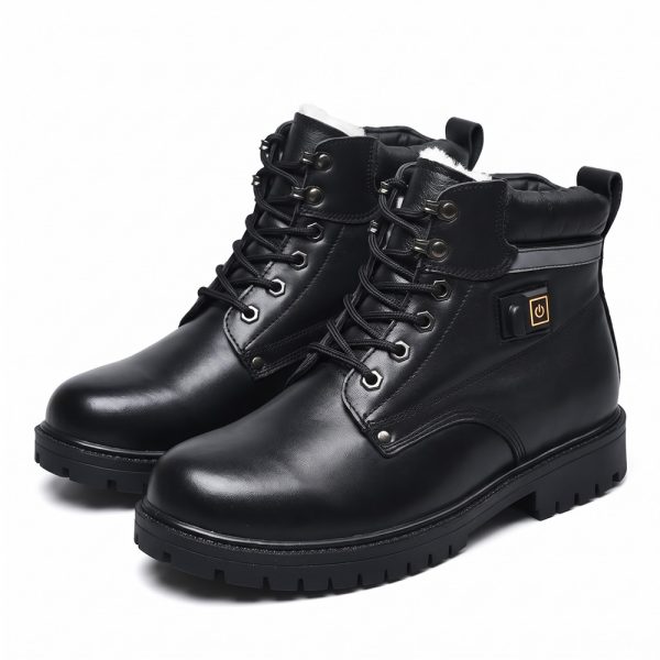 JHB06 heated work boots in black top-grain leather with wool-lined collar, steel toe, and side power button, pair view