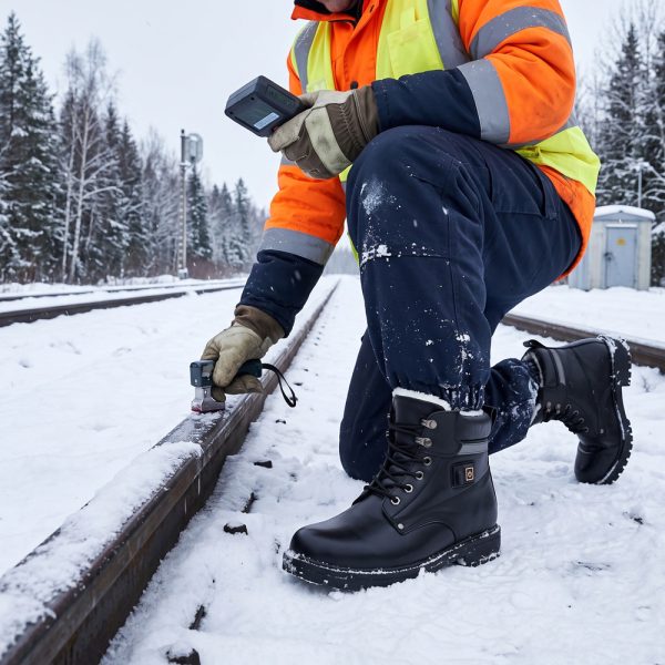 Worker in safety vest wearing JHB06 heated boots while working on snowy railroad tracks