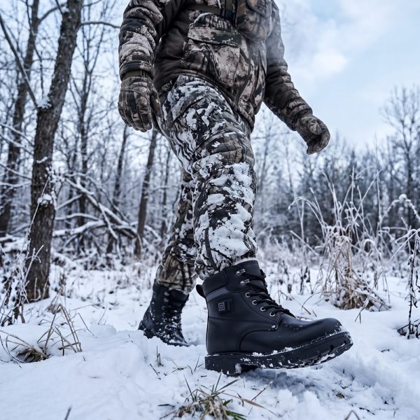 Person in winter camouflage gear wearing JHB06 heated boots walking through snow-covered forest