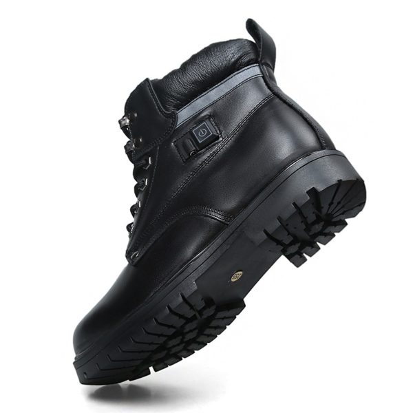 JHB06 heated boot side-heel view showing rugged anti-slip rubber sole with deep lug treads