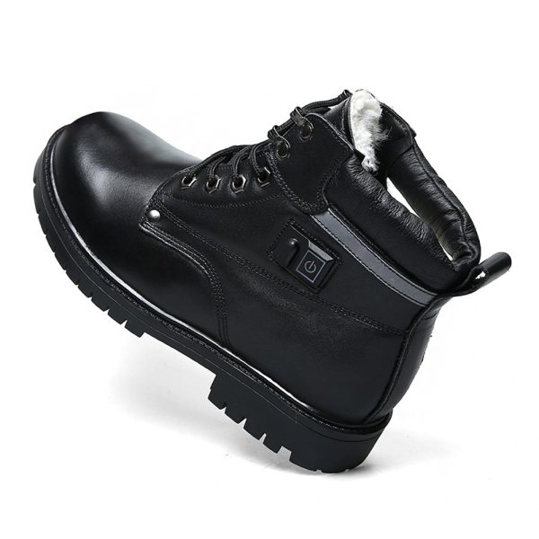 JHB06 heated boot back-top view showing white wool fleece lining collar and rear pull tab