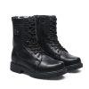 JHB07 heated tactical boots in black leather with lace-up closure, metal eyelets, and side power button, pair view
