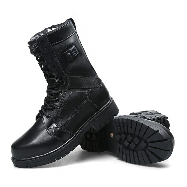 JHB07 heated tactical boots pair with one boot turned to display the anti-slip outsole