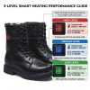 JHB07 heated tactical boots temperature and runtime guide chart with three heat levels and LED colors
