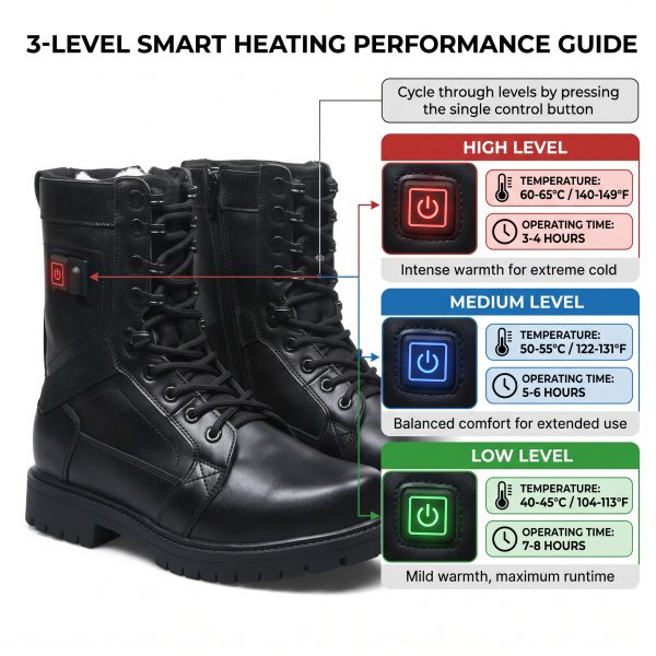 JHB07 heated tactical boots temperature and runtime guide chart with three heat levels and LED colors