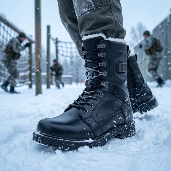 Person in winter gear wearing JHB07 heated tactical boots during training in deep snow