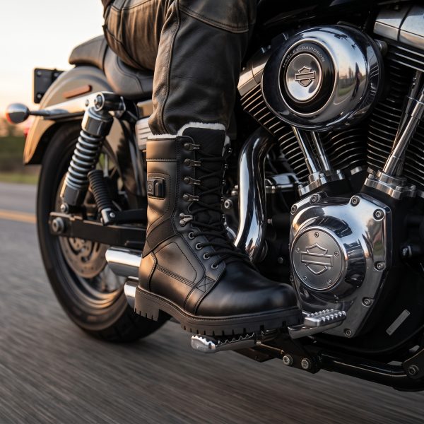 JHB07 heated tactical boots worn on a motorcycle ride in cold weather
