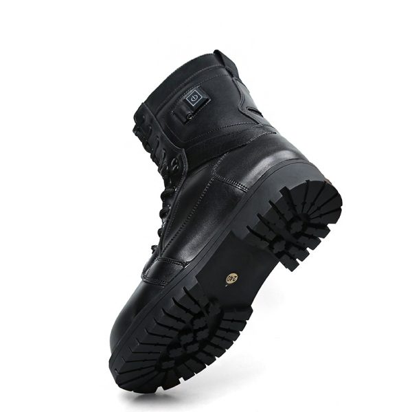 JHB07 heated tactical boot angled view showing outsole tread and side power button