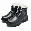 JHB08 heated winter boots in black leather with plush fur collar, lace-up closure, and side power button, pair view