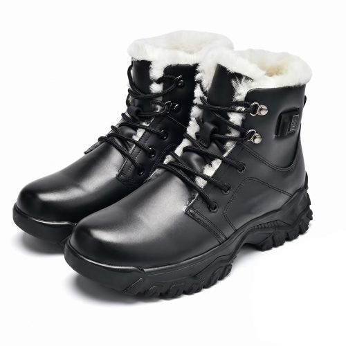JHB08 heated winter boots in black leather with plush fur collar, lace-up closure, and side power button, pair view
