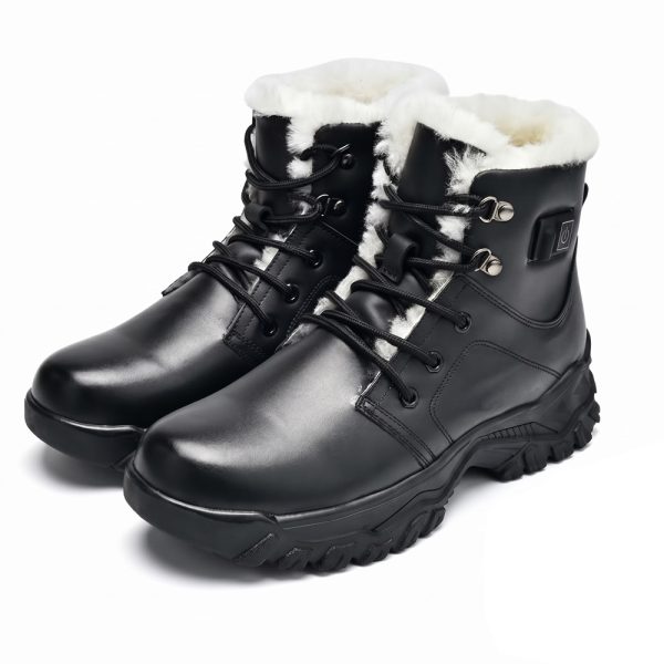 JHB08 heated winter boots in black leather with plush fur collar, lace-up closure, and side power button, pair view