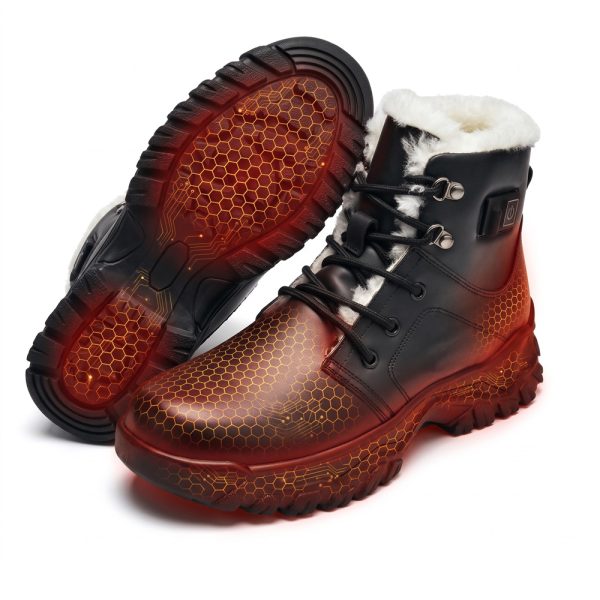 JHB08 heated winter boots with orange honeycomb heating visualization across foot and sole