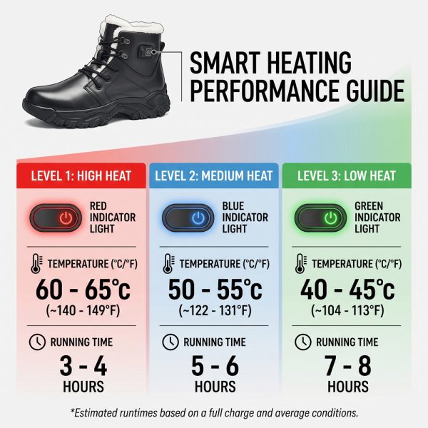 JHB08 heated winter boots temperature and runtime guide chart with three heat levels and LED colors