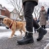 Person walking a dog on a snowy street wearing JHB08 heated winter boots