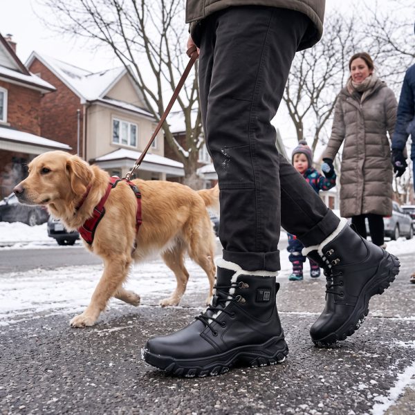 Person walking a dog on a snowy street wearing JHB08 heated winter boots
