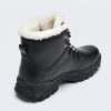 JHB08 heated winter boot rear angle view showing plush fur collar, metal hooks, and rear pull tab