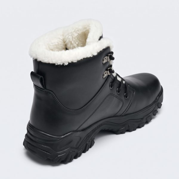 JHB08 heated winter boot rear angle view showing plush fur collar, metal hooks, and rear pull tab