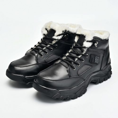 JHB09 Men's Heated Boots - Main Product Shot JHB09 men's heated boots in black leather with plush fur collar, lace-up closure, and side power button, pair view