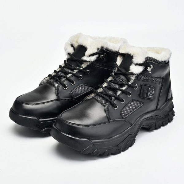 JHB09 Men's Heated Boots - Main Product Shot JHB09 men's heated boots in black leather with plush fur collar, lace-up closure, and side power button, pair view