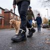 JHB09 Men's Heated Boots - Winter Dog Walking Scene Man walking a dog on a cold winter street wearing JHB09 heated boots
