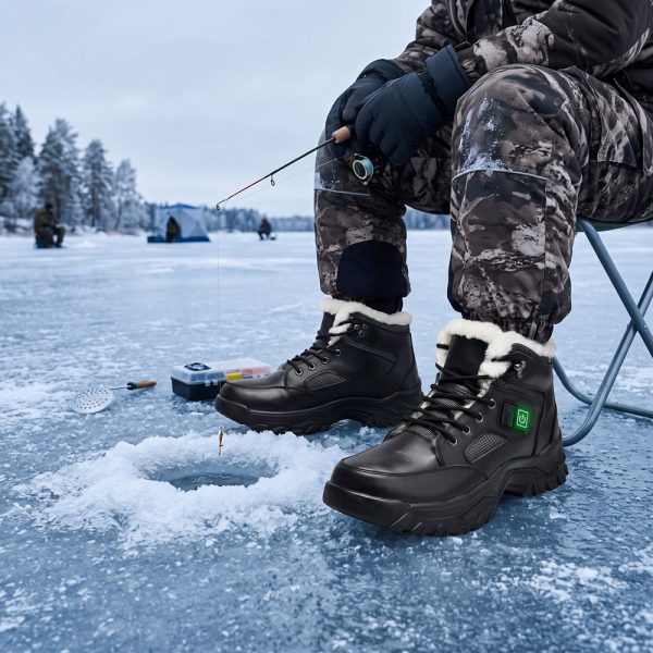 JHB09 Men's Heated Boots - Ice Fishing Scene Man ice fishing on a frozen lake wearing JHB09 heated boots