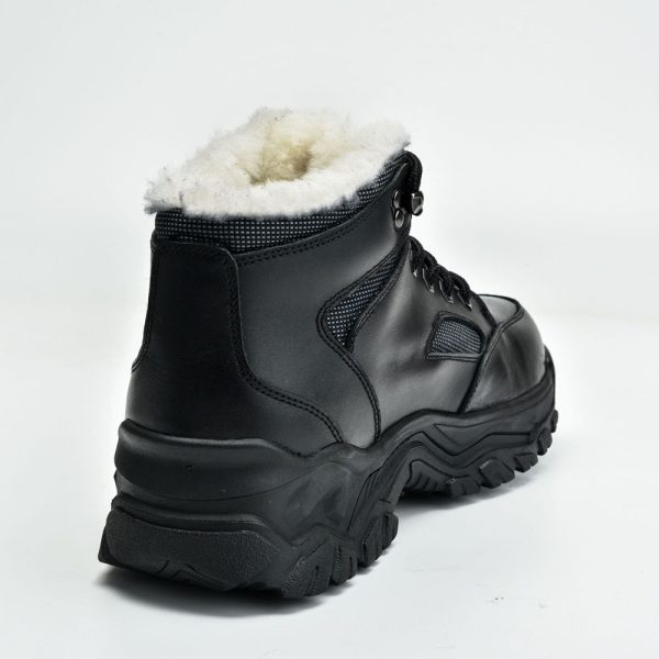 JHB09 Men's Heated Boots - Rear Collar View JHB09 men's heated boot rear angle view showing plush fur collar and ankle hooks