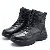 JHB10 Heated Winter Work Boots - Main Product Shot JHB10 men's heated winter work boots in black leather, pair front view with side power button and lace-up closure