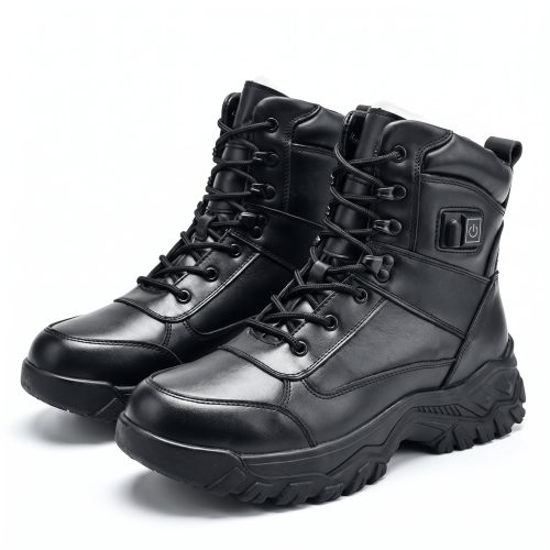 JHB10 men's heated winter work boots in black leather, pair front view with side power button and lace-up closure