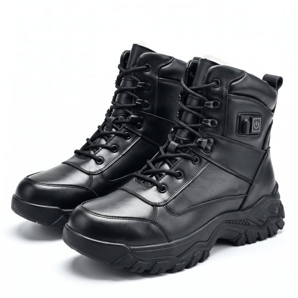 JHB10 Heated Winter Work Boots - Main Product Shot JHB10 men's heated winter work boots in black leather, pair front view with side power button and lace-up closure