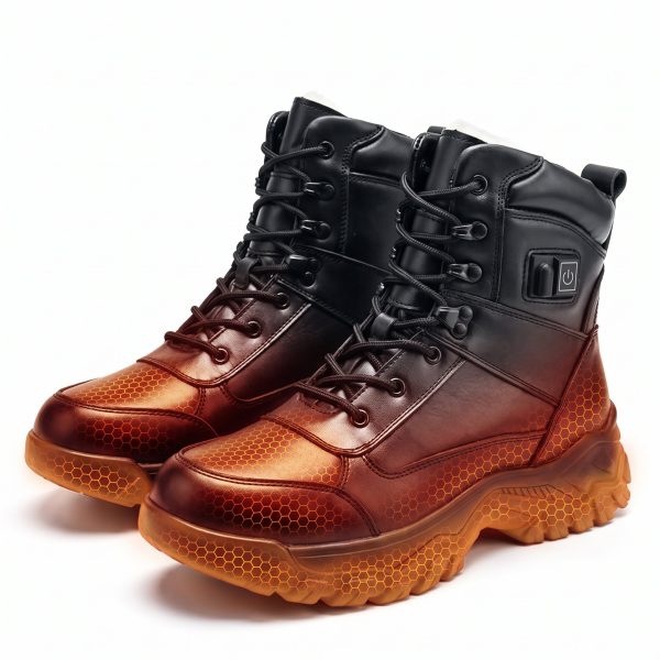 JHB10 Heated Winter Work Boots - Heating Zone Visualization JHB10 heated winter work boots with orange honeycomb heating visualization across foot and sole