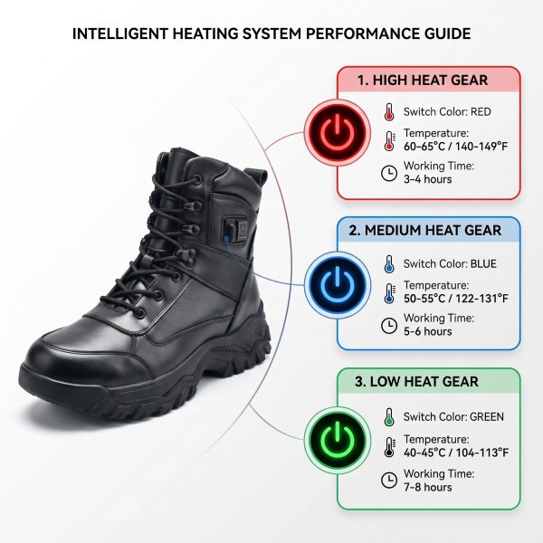 JHB10 Heated Winter Work Boots - Temperature & Runtime Guide JHB10 heated winter work boots temperature and runtime guide chart with three heat levels and LED colors