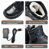 JHB10 Heated Winter Work Boots - Material & Charging Details JHB10 heated winter work boots details showing cowhide leather upper, wool lining, wall charger, and charging port